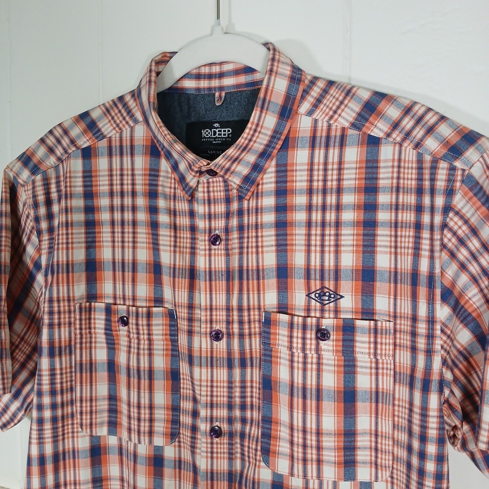 10 Deep Mens Large Short Sleeve Plaid Button Down Shirt Orange Blue Streetwear